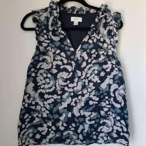 LOFT M Blue Green Grey Print Ruffled Shell